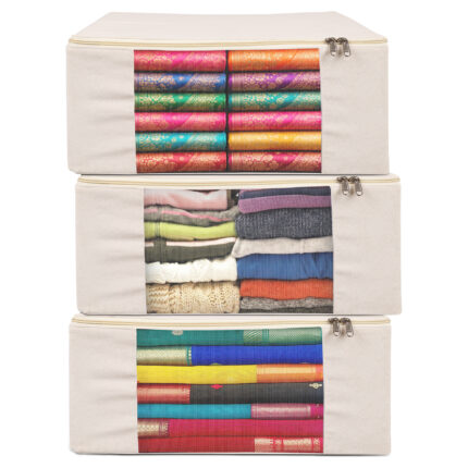 EliteOne Cotton Canvas Clothes Storage Bags with Zip & Window (17x14x7 inches)(Pack of 3 Bags)