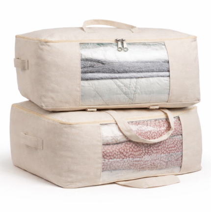 Extra Large Cotton Canvas Storage Bag 25x18x8 inch with Zipper, 4 Handles & Window for Sarees, Pillows, Blankets & Seasonal Clothes (Pack of 2)